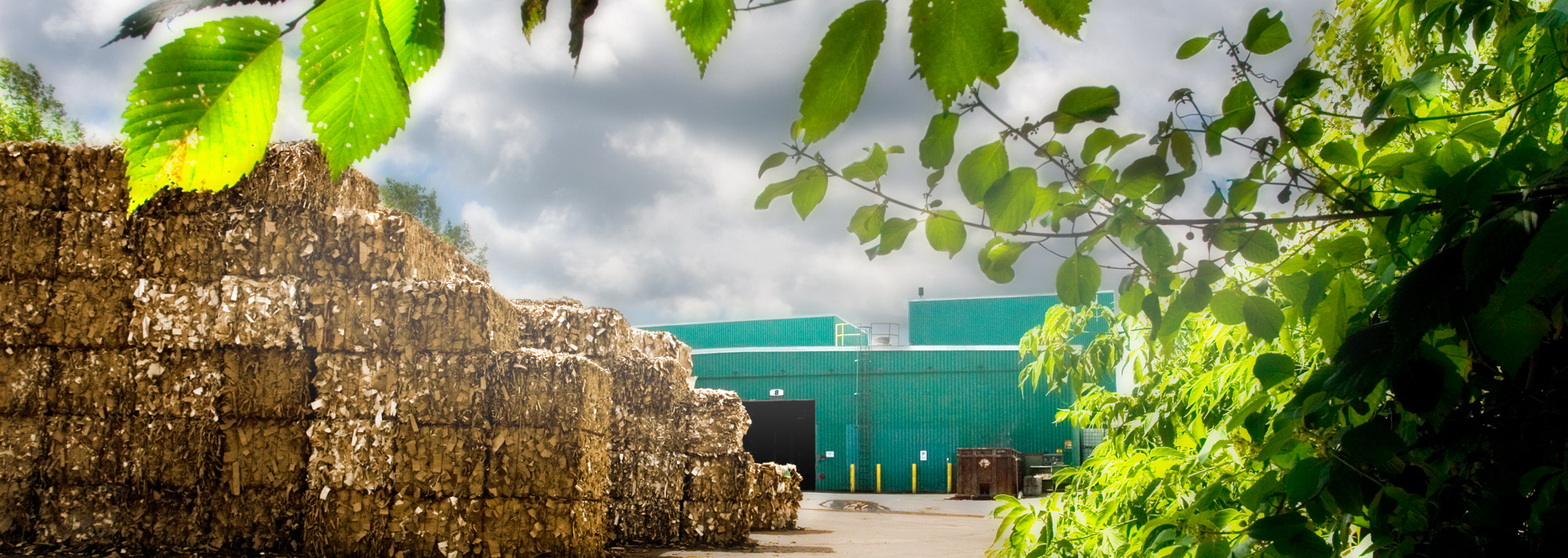 Exterior view of a Cascades plant with paper bales