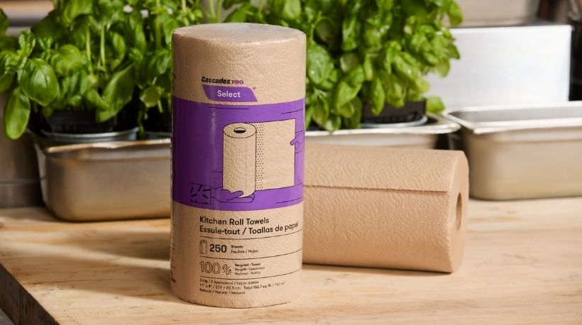 Cascades PRO Select® Kitchen Roll Towel Cascades PRO Select kitchen roll towels; one upright with purple label, one lying on a wood counter, kitchen backdrop.
